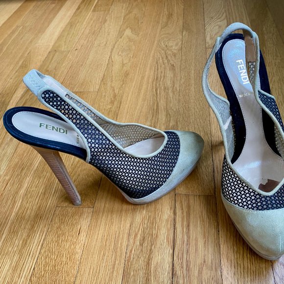 Fendi Ivory Suede Blk Mesh Slingback Pumps - size 39 - Picture 2 of 4